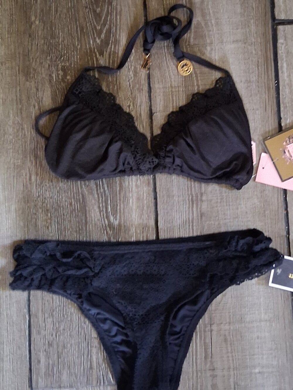 Juicy Couture Black Lacy Bikini  Flirt Bikini Medium Top  Small Bottom  NEW